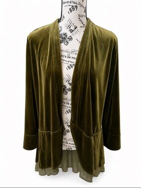 Olive Green Velvet Duster Cardigan Sheer Hem Boho Open Front No Size Tag